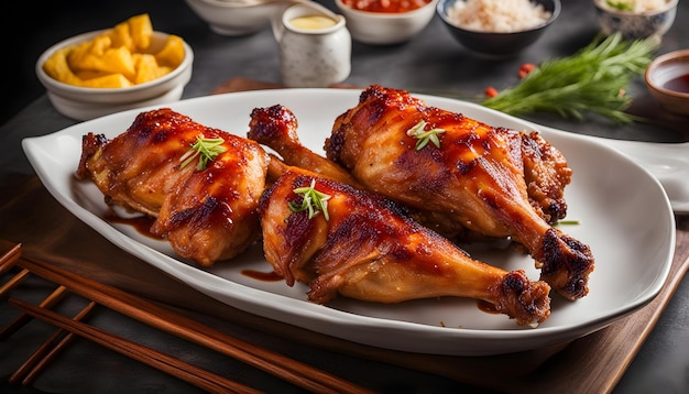 une assiette d'ailes de poulet et d'autres plats avec un côté de frites