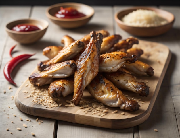 une assiette d'ailes de poulet avec du ketchup et du persil