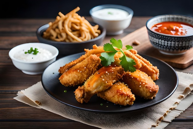 Une assiette d'ailes de poulet frites avec sauces et sauces sur une table.