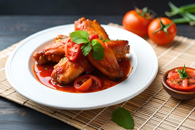 Une assiette d'ailes de poulet à la sauce tomate