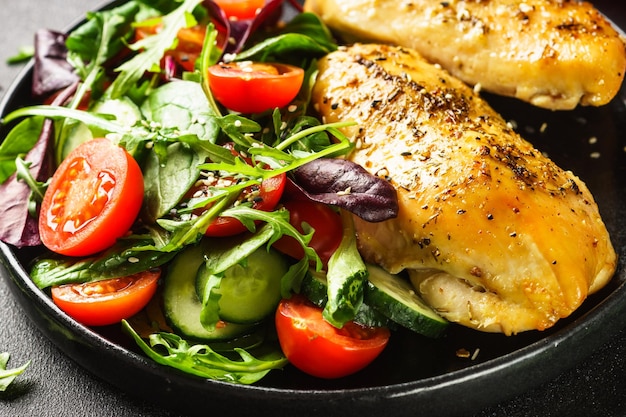 Assiette alimentaire saine régime céto Salade verte avec filet de poulet sur noir