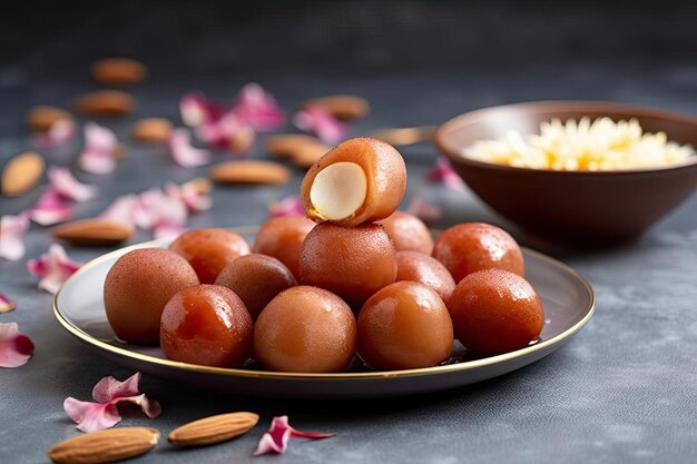 Une assiette d'amandes avec une des amandes dessus