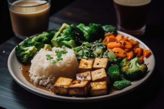 Assiette à base de plantes et végétalienne avec des légumes de riz et du tofu créé avec une IA générative