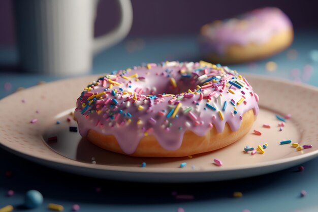 Une assiette avec un beignet avec un glaçage rose et saupoudré dessus