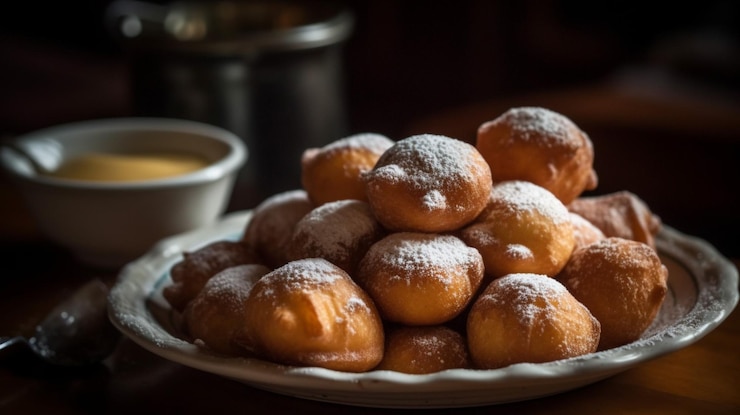 Photo une assiette de beignets avec un bol de trempette dessus