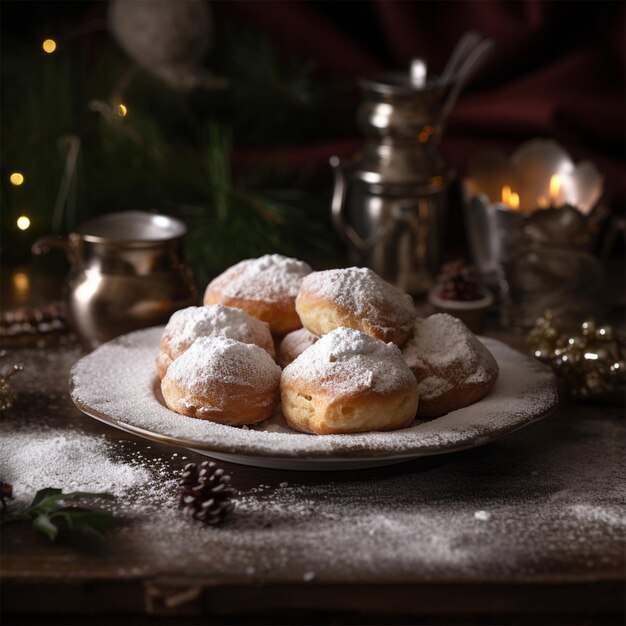 Photo une assiette de beignets en poudre avec une tasse de café