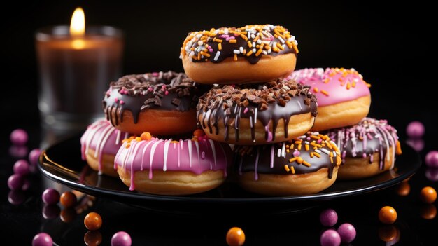 Assiette de beignets savoureux pour Halloween avec des bonbons sur fond noir