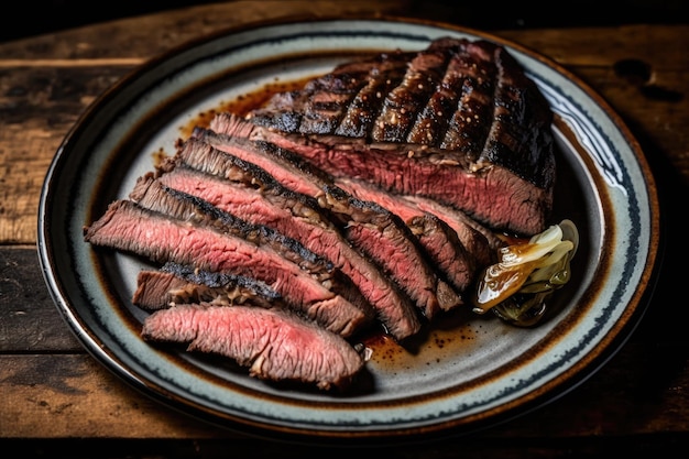 Assiette de bifteck de flanc carbonisé et juteux à l'extérieur mi-saignant à l'intérieur