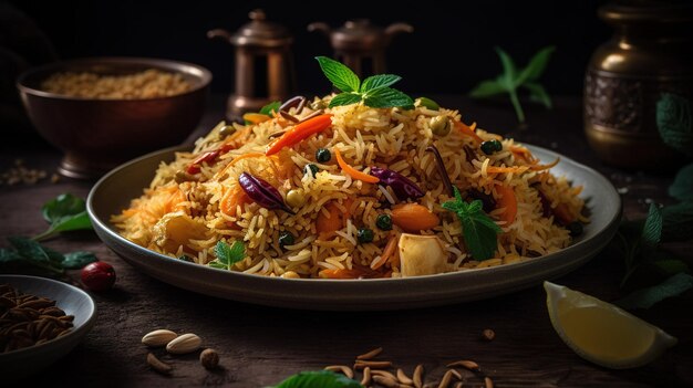 Une assiette de biryani avec un bol de noix et d'autres aliments sur une table.