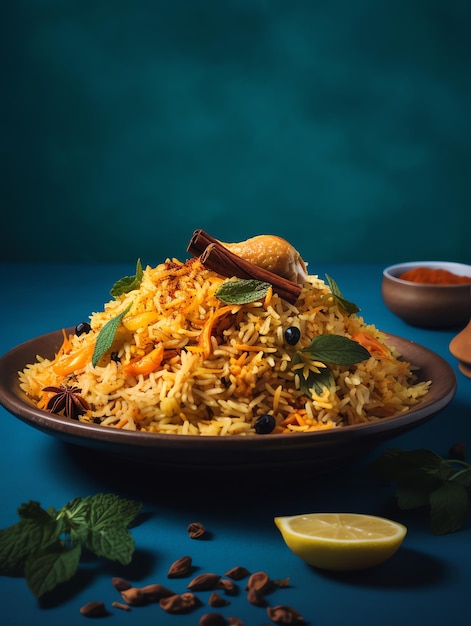 Une assiette de biryani avec un citron sur le côté