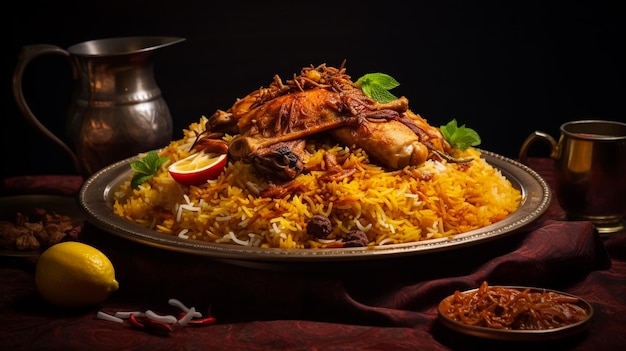 une assiette de biryani avec un tas de nourriture