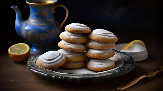 Une assiette de biscuits arabes avec une assiette de citrons dessus