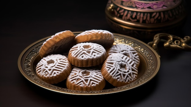 Une assiette de biscuits arabes avec le mot baklava sur le dessus