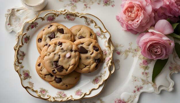 une assiette avec des biscuits au chocolat et une fleur dessus