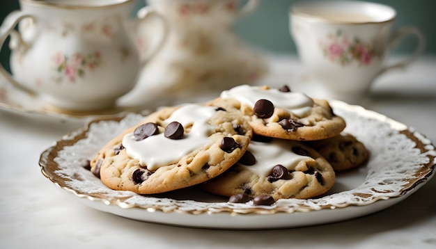 Photo une assiette de biscuits au chocolat avec des morceaux de chocolat dessus