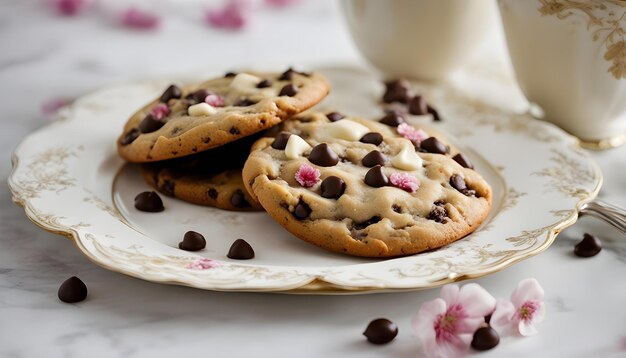 Photo une assiette de biscuits au chocolat avec une tasse de lait à côté