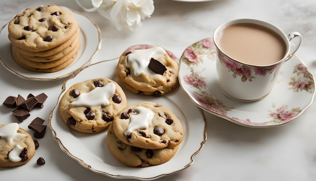 une assiette de biscuits au chocolat avec une tasse de thé dessus