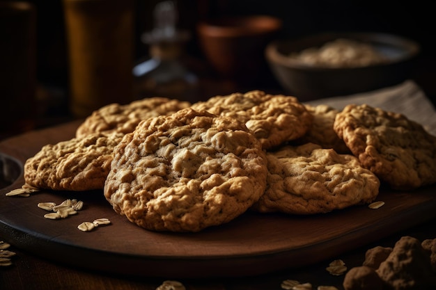 Une assiette de biscuits à l'avoine avec de la farine d'avoine dessus