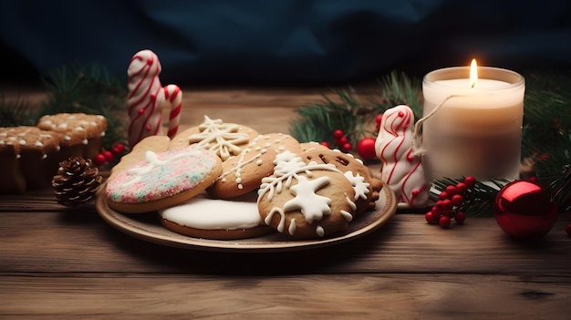 Une assiette de biscuits avec une bougie sur la table