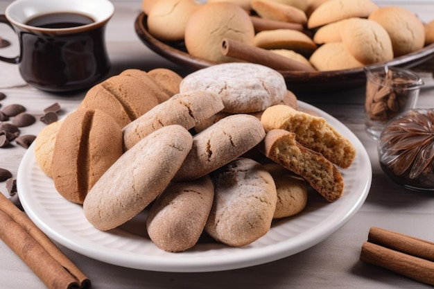 Assiette de biscuits chauds et biscotti saupoudré de cannelle et de sucre créé avec ai générative