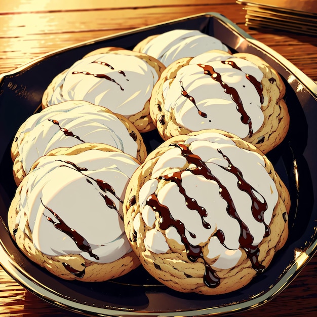 Une assiette de biscuits avec du chocolat arrosé sur le dessus.