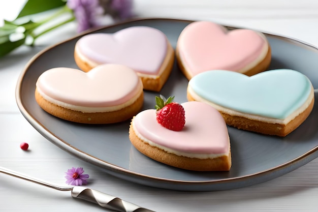 Une assiette de biscuits en forme de coeur avec une fraise dessus.