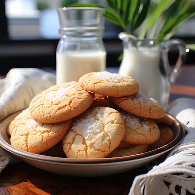 une assiette de biscuits avec une plante en arrière-plan