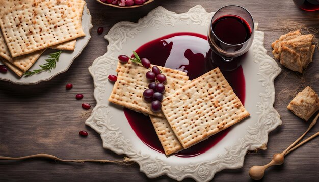 une assiette de biscuits avec des raisins et un verre de vin