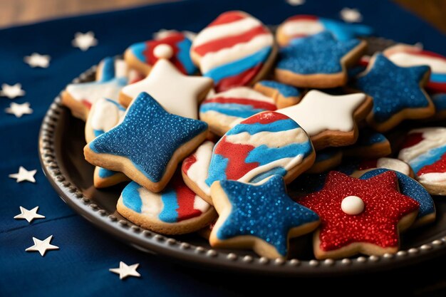 Une assiette de biscuits rouges, blancs et bleus avec les mots " jour de l'indépendance " dessus.