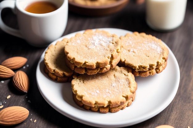 Une assiette de biscuits avec une tasse de lait sur le côté.