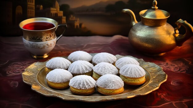 Une assiette de biscuits avec une théière sur la table