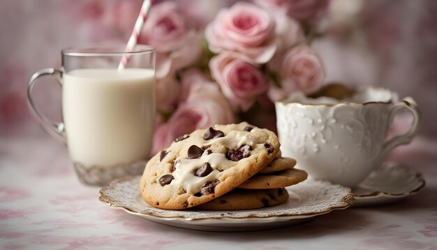 une assiette de biscuits et un verre de lait sont sur une table