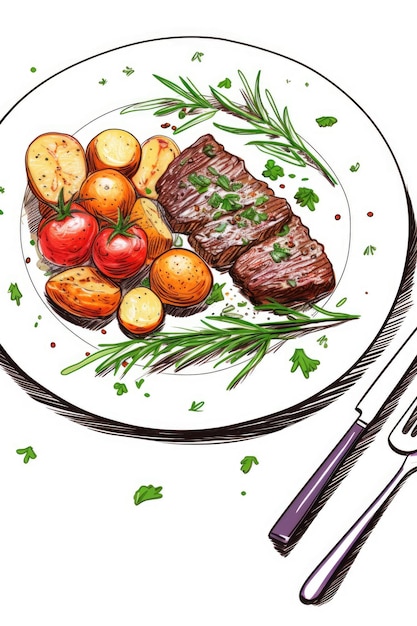 Une assiette blanche contient des steaks de pommes de terre, des tomates et une garniture verte Generative AI