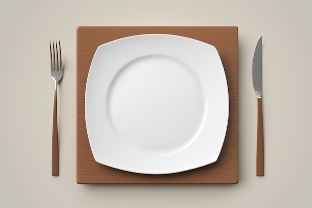 Assiette blanche avec un couteau et une fourchette sur un fond de couleur unie Generative AI