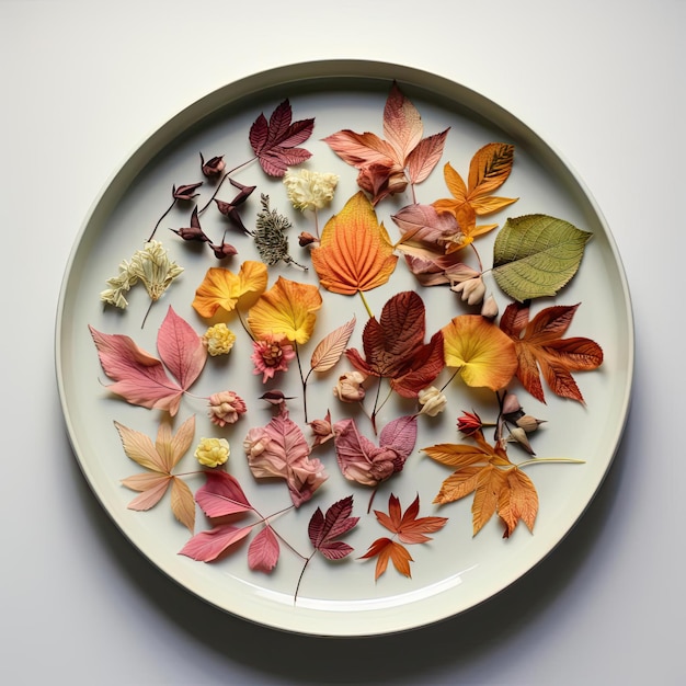 une assiette blanche entourée de feuilles d'automne de différentes couleurs dans le style absurde