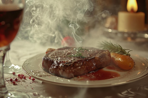 Photo une assiette blanche est présentée avec un délicieux assortiment de viande et de légumes une interprétation surréaliste d'un dîner de steak dans un cadre de restauration raffinée