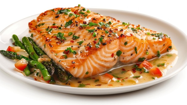 Une assiette blanche est remplie d'un filet de saumon juteux surmonté de sauce et accompagné d'un vibrant