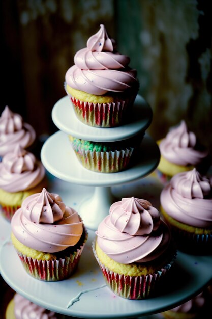 Une assiette blanche garnie de cupcakes recouverts de glaçage rose