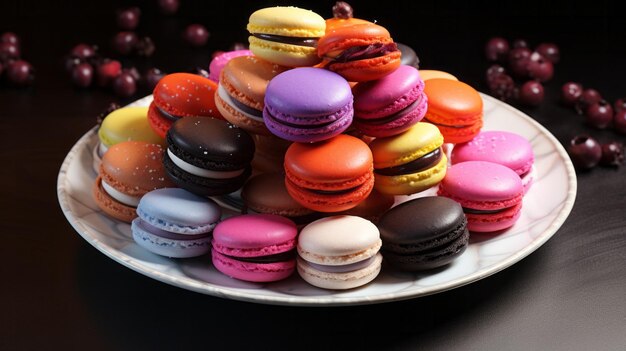 Une assiette blanche garnie de plein de macarons colorés