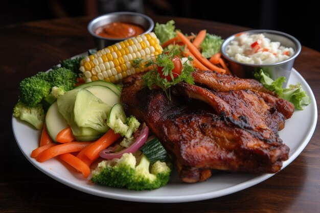 Une assiette blanche garnie de viande et de légumes IA générative