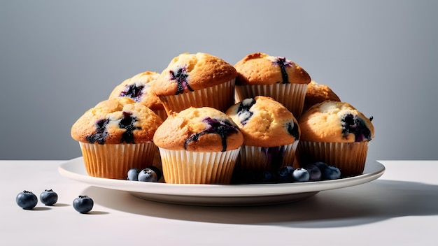 Assiette blanche avec de magnifiques muffins aux myrtilles céto délicieux réseau neuronal généré photoréaliste