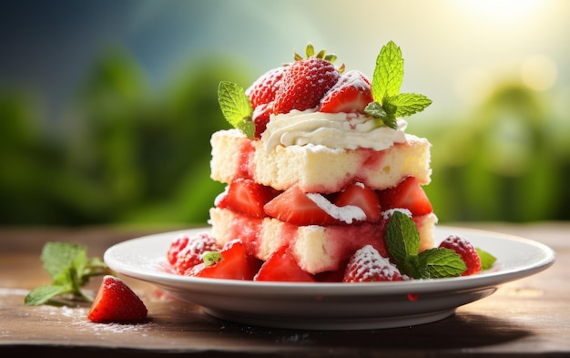 Une assiette blanche ornée de fraises vibrantes et une cuillère de crème glacée crémeuse créent un délicieux