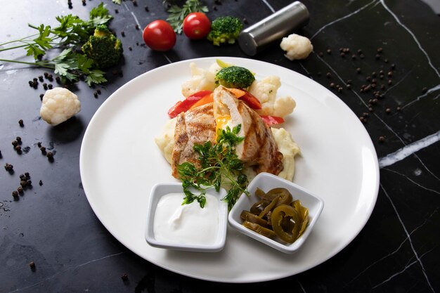 Assiette blanche et poulet frit avec sauce spéciale