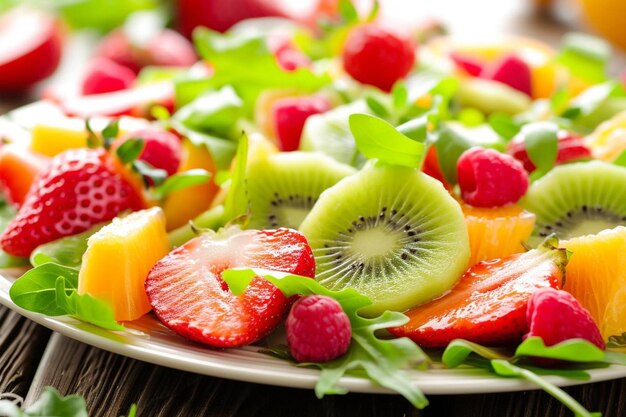 Photo une assiette blanche surmontée de beaucoup de fruits frais