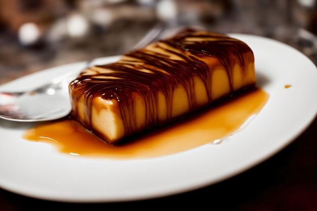 Une assiette blanche surmontée d'un dessert recouvert de caramel