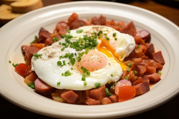 Photo une assiette blanche surmontée d'un œuf frit et de bacon