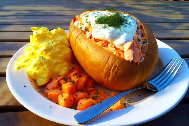 Assiette blanche sur table sur véranda avec pommes de terre au four en papillote avec carottes et poisson