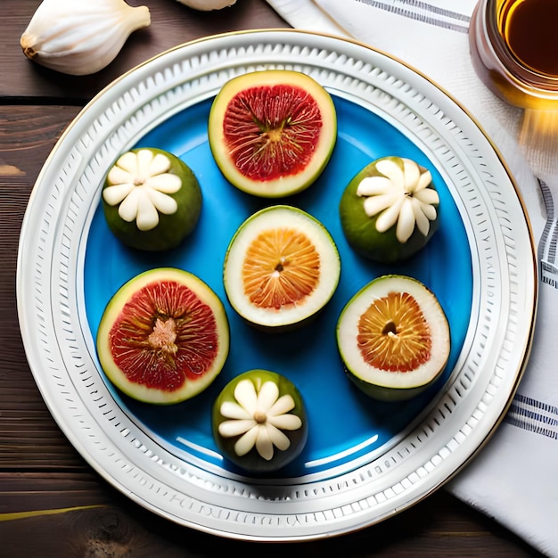 Une assiette bleue avec des fruits dessus et une serviette blanche sur le côté.