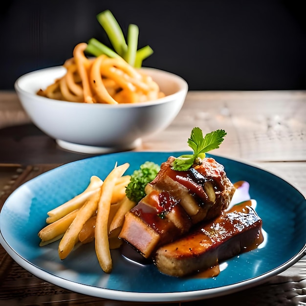 une assiette bleue garnie de viande et de frites un rendu 3D