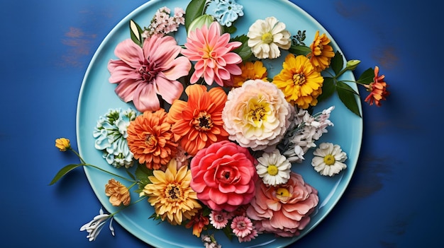 Photo une assiette bleue remplie de beaucoup de fleurs de différentes couleurs